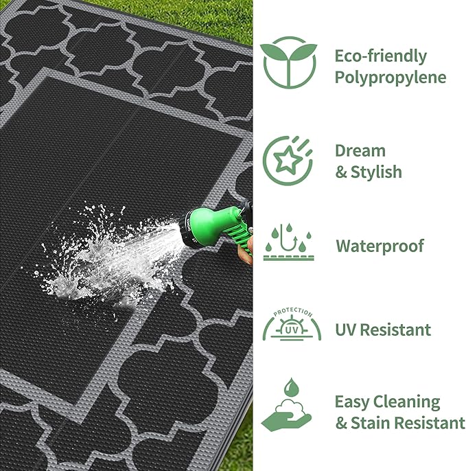 GENIMO 6' x 9' Outdoor Rug Waterproof for Patio Decor, Foldable Reversible Plastic Straw Area Rugs Mat for Camper, Outside Carpet for Rv, Deck, Porch, Picnic, Beach, Balcony, Black & Grey