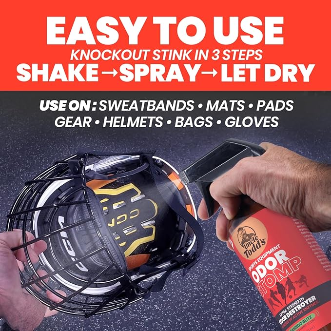 Uncle Todd’s Odor Stomp Sports Equipment Odor Eliminator Spray - Extra Strength Enzyme-Powered Deodorizer for Football, Hockey, Gym Bags, and Athletic Gear - Bamboo Blitz Scent - 16 oz