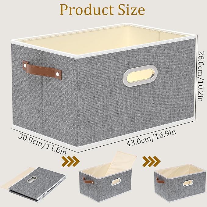 Yawinhe Fabric Storage Bins with Handles, Foldable Baskets for Shelves, Cubes with 3 Handles, Large Boxes for Clothes, Grey, 16.9''Lx11.8''Wx10.2''H, 4-Pack