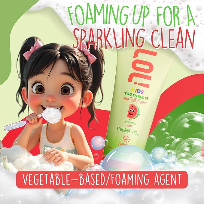 LOL Kids Toothpaste No Fluoride, Nano Hydroxyapatite Toothpaste, Probiotics, Xylitol Tooth Paste Kids | Remineralizing | Natural | Plant-Based Foam | Pasta De Dientes para Niños (Watermelon)
