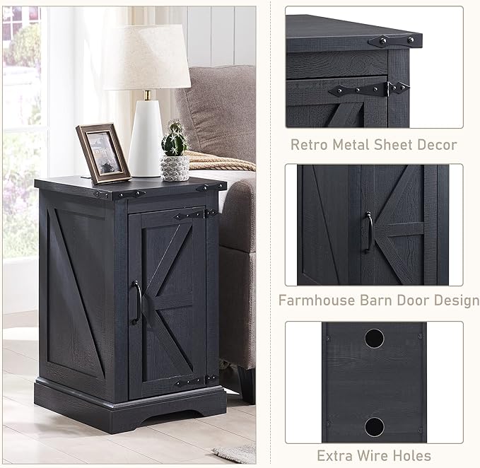 JXQTLINGMU Nightstand with Charging Station, Rectangular Farmhouse End Table with Barn Door and Adjustable Storage Shelf, 17" Deep Wood Rustic Sofa Side Table for Living Room, Bedroom, Black