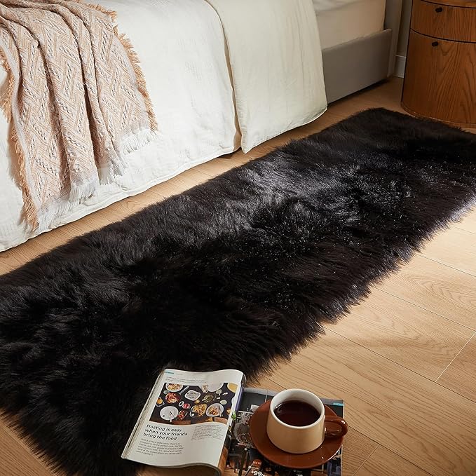 AMTOVO Faux Fur Rug, Black Ultra Soft Fluffy Shag Sheepskin Rug, 2 x 6 ft Runner Area Rugs for Bedroom Sofa Throw Cushion Room Decor, Rectangle