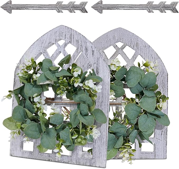 Rustic Wood Window Frame with Green Wreath and Arrows Wall Decor，Farmhouse Window Frame Hanging Decor, Wooden Fake Decoration,Window Pane Wall Decor,Set of 2 (windows white)