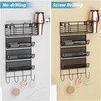 VITVITI Metal Hair Tool Organizer Wall Mount, Hair Dryer Holder with 4 Tier Shelf Basket Hooks, Bathroom Hair Styling Tool Organizer for Curling Iron/Blow Dryer/Straightener, Matte Black