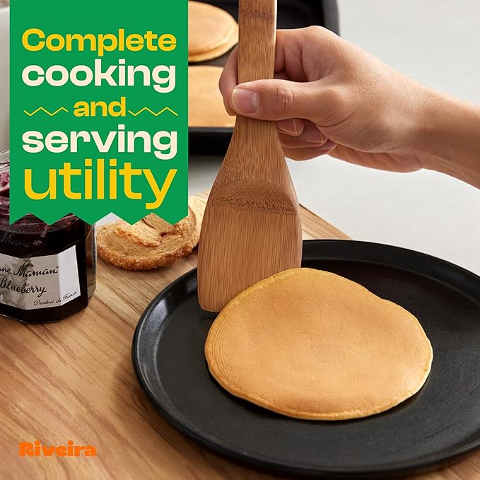 Riveira Dark Bamboo Wooden Spoons for Cooking 3-Piece, Apartment Essentials Wood Spatula Spoon Nonstick Kitchen Utensil Set Premium Quality Housewarming Gifts for Everyday Use