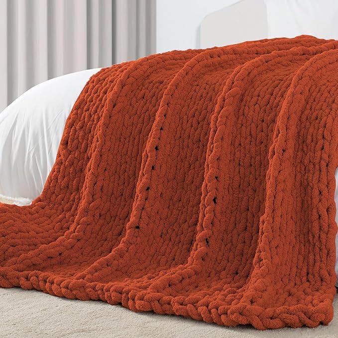 Carriediosa Chunky Knit Throw Blanket 60" X 80" Twin, 100% Hand Made Large Chenille Loop Yarn Soft Fluffy Throws for Couch Sofa Bed, Big Crochet Cozy Heavy Thick Cable Woven Blankets, Rust
