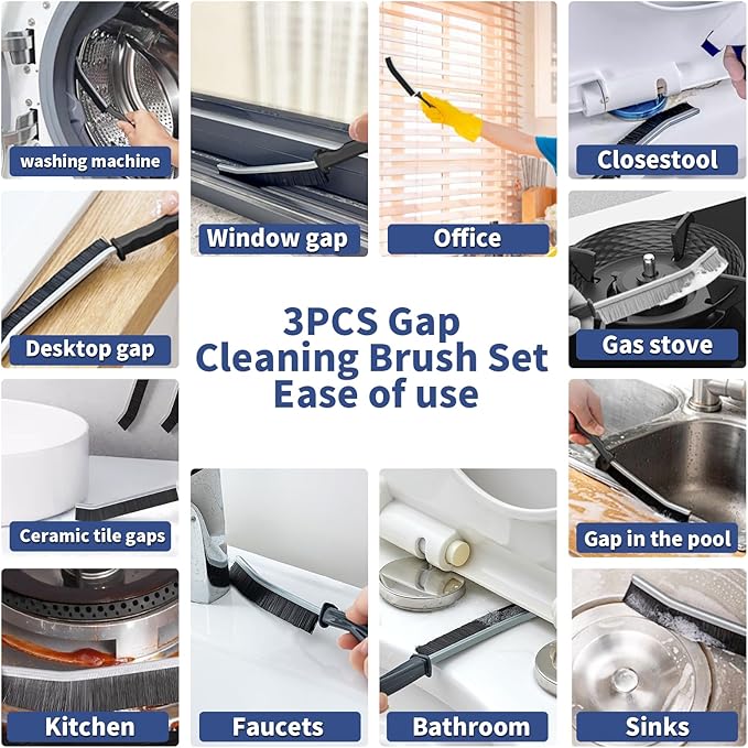 3 Pcs Cleaning Brushes for Household - Crevice Brush for Scrub Small Spaces, Toilet Cleaning Tool with Comfortable Grip, Long&Firm Bristle for Shower Tile Grout, Sinks Gap, Window Tracks, Hinges