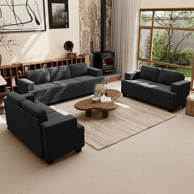 2 Pieces Corduroy Couch Set for Living Room, Black Cloud Sofa, Deep Seat Floor Couch for Bedroom, Futon Modern Sofa Sectional Bed, Black Corduroy