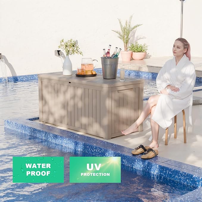 180 Gallon Deck Box Large Outdoor Storage for Patio Furniture,Outdoor Cushions,Garden Tools and Pool Supplies,Waterproof,Resin,Lockable(Grey)