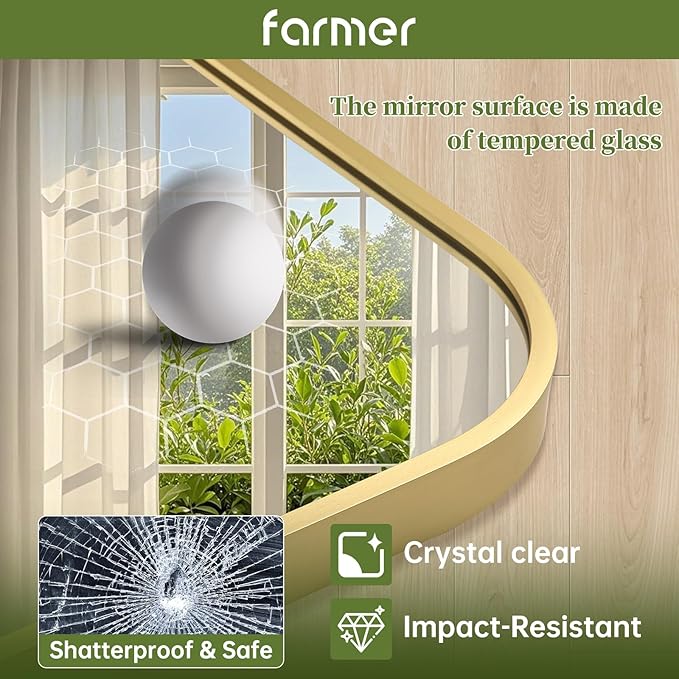 FARMER 16x20 Inch Gold Bathroom Mirror, Rectangle Vanity Mirror, Brushed Mirrors for Wall, Metal Frame Hanging Mirror with Round Corner for Bedrooms, Entryways, Living Rooms, Horizontal/Vertical