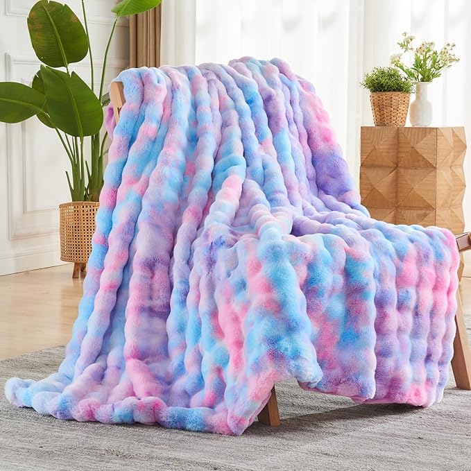 NEWCOSPLAY Faux Fur Throw Blanket Purple Rainbow Luxury Fluffy Thick Warm Bubble Blanket for Couch Sofa Bed 700GSM (Purple Rainbow, Throw(50"x60"))