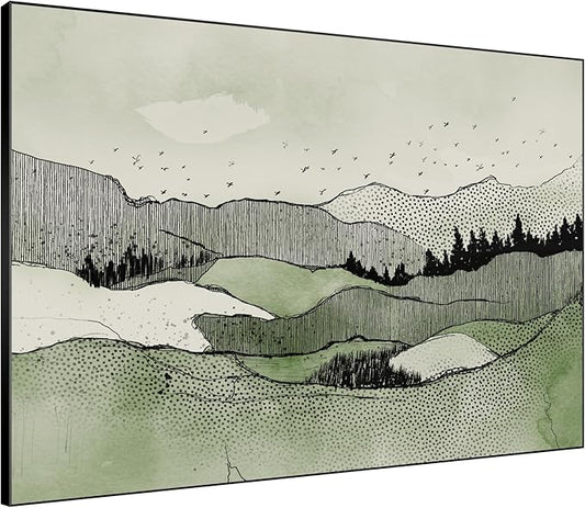 SIGNWIN 46"x60" Extra Large Framed Wall Art Green Line Art Mountain Landscape Illustration for Home Living Room Bedroom Decor (Frame Assembly Required)
