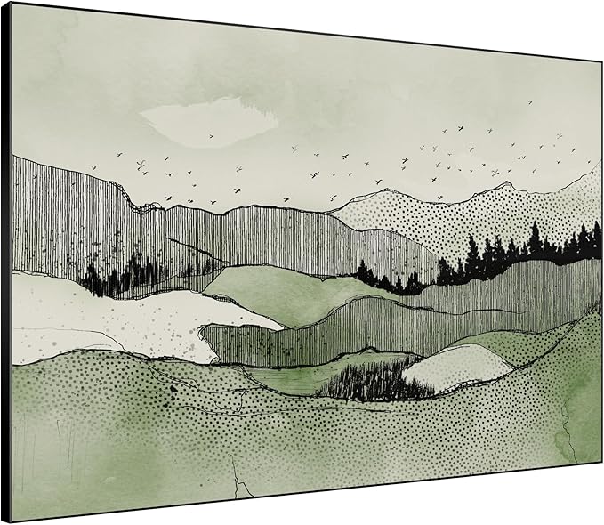 SIGNWIN 60"x72" Extra Large Framed Wall Art Green Line Art Mountain Landscape Illustration for Home Living Room Bedroom Decor (Frame Assembly Required)