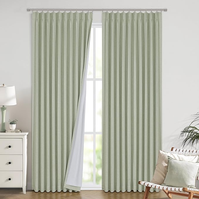 Vision Home Soft Green Pinch Pleated Full Blackout Curtains Linen Blended Room Darkening Window Panels 95 inch for Living Room Bedroom Thermal Insulated Pinch Pleat Drapes with Hooks 60" Wx95 Lx1