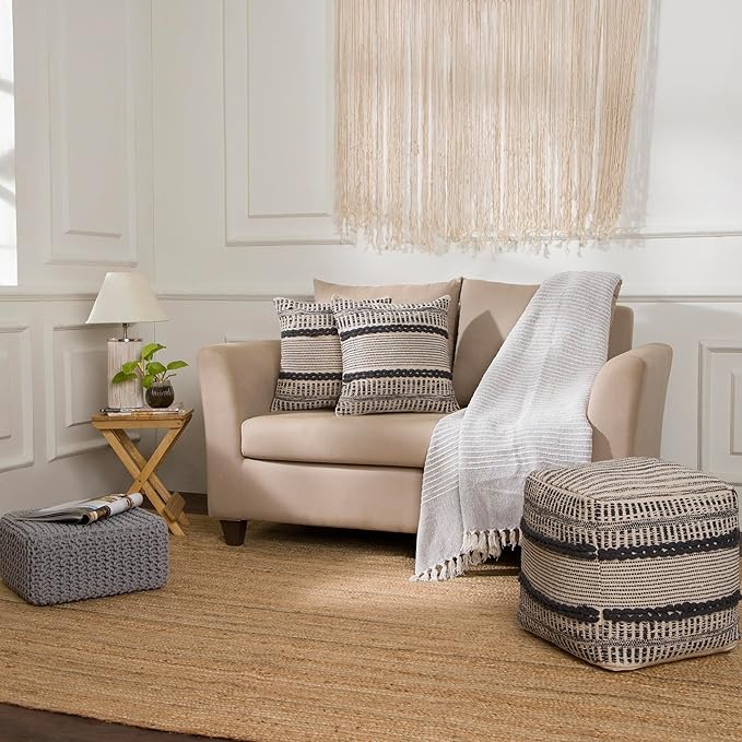 REDEARTH · Tufted Pouf Ottoman with Filler Textured Storage Cube Bean Bag Pouffe Footrest for Living Room, Bedroom, Nursery, Kidsroom; 100% Cotton (17.5"X17.5"X17.5", Chevron Gage)