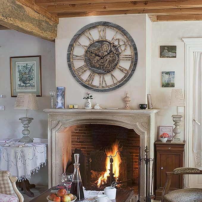 HOIBAI Large Wall Clock, Wall Clocks for Living Room Decor 20 Inch Farmhouse Vintage Rustic Kitchen Wall Decor Vintage Roman Oversized Wall Clock for Home Bedroom House Office, Moving Gears Clock
