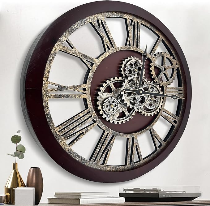 The B-Style Large Wall Clock 24 inch Moving Gear Wall Clock Oversized Vintage Farmhouse Wall Clocks for Living Room Decor Rustic Industrial Wood Clock (Cherry red and Bronze)
