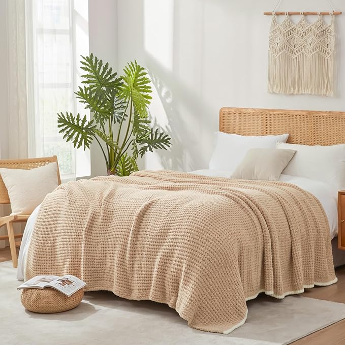 Snuggle Sac Beige Waffle Bedding Blankets Queen Size 90x90 inches, Reversible Microfiber Fluffy Fuzzy Soft Throw Cozy Knit Blanket for Women Mothers Birthday Gifts
