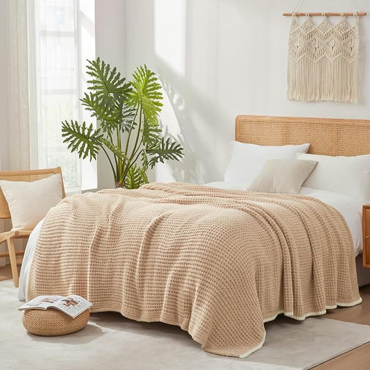 Snuggle Sac Beige Waffle Bedding Blankets Queen Size 90x90 inches, Reversible Microfiber Fluffy Fuzzy Soft Throw Cozy Knit Blanket for Women Mothers Birthday Gifts