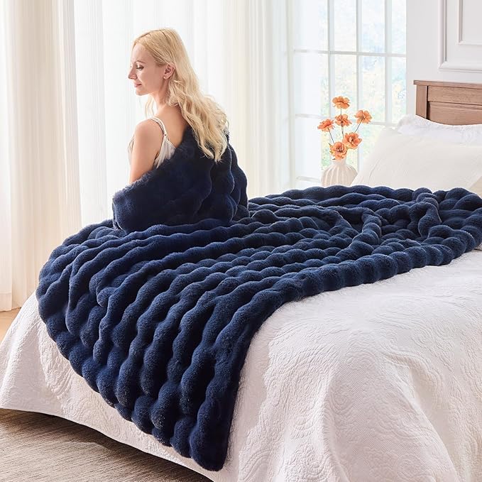 BENVWE Fluffy Faux Fur Throw Blanket for Couch, Soft Plush Thick Cozy Fuzzy Luxury Minky Bubble Blanket for Home Living Room Decor Gift for Women, Navy Blue, 51" x 63", 1100GSM