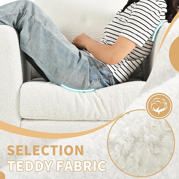 Modern Accent Chair, Upholstered Armchair with Pillow, Teddy Single Sofa Chair with Lounge Seat and Wood Legs Accent Chair for Living Room Bedroom Small Spaces