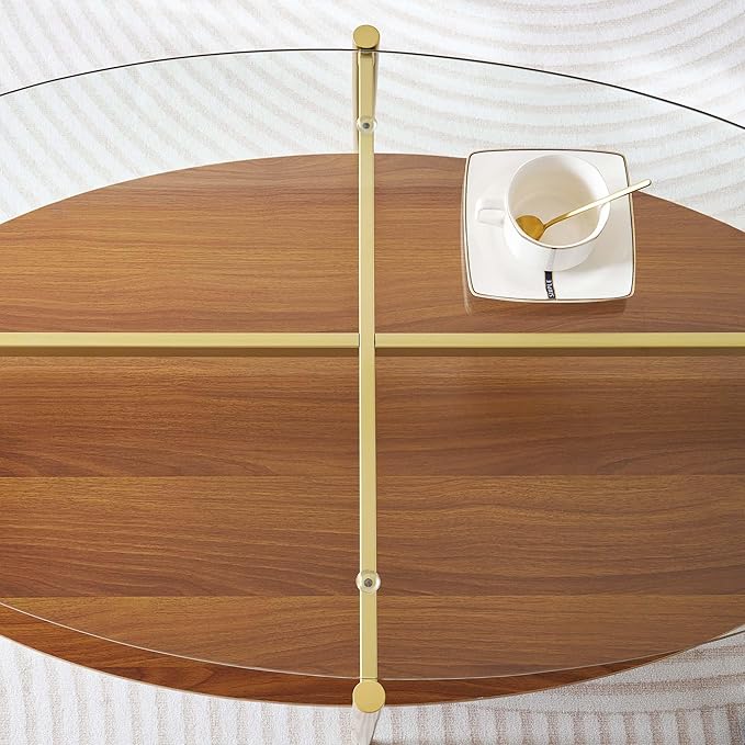 Oval Glass Coffee Table, Mid-Century Modern Design, L43 x W22 x H17 inch, 2-Tier Structure, Olive Shaped Clear Glass Top and Walnut Finish Wood Shelf, Tapered Legs with Gold Finish Frame