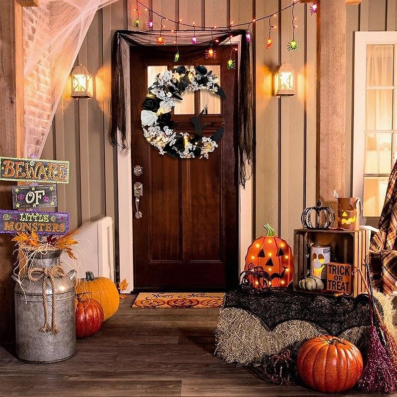 Halloween Wreaths for Front Door with Light, Black Cat Crescent Moon Wreath, Cute Cat Garland Halloween Door Decorations for Outdoor Indoor Decor Wall Window Home Party