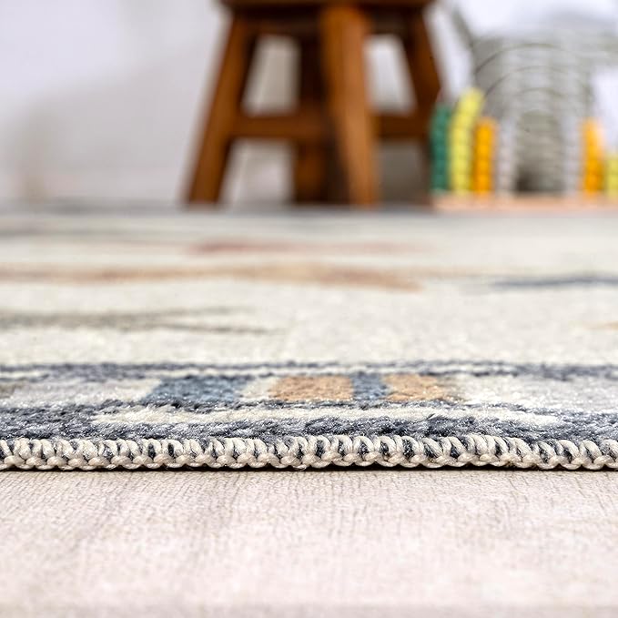 JONATHAN Y Machine-Washable Ivory/Blue/Orange Indoor Area Rug, 4x6, Star Gazer Geometric, Border, Kids & Novelty, Classic, Bedroom, Kitchen, Living Room, Easy-Cleaning, Non-Shedding (KDW100A-4)