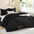 Litanika Black Comforter Full Size, 3 Pieces Boho Lightweight Solid Bedding Comforter Set, All Season Fluffy Bed Set (79x90In Comforter & 2 Pillowcases)