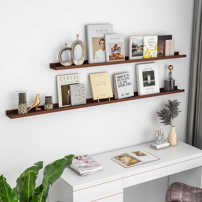Solid Ash Wood Picture Ledge Shelf, Floating Shelves Set of 2, 56 Inch Long Large Ledge Shelves, Nursery Book Shelves Wall Mounted for Living Room Bedroom Kitchen Decor Kids Bookshelf, Walnut