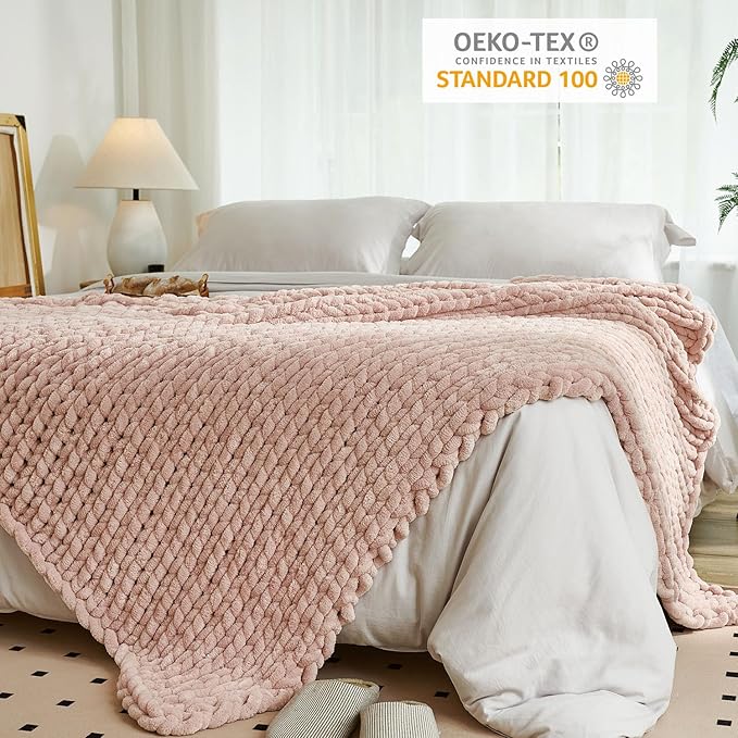 Esterra Chunky Knit Throw Blanket Newly Upgraded Heavy Tighter Version, Handmade Chenille Throw Super Soft, Thick Yarn Cable Knit Crochet Throw Blanket for Couch Bed Sofa, 50" x60, Coral Pink