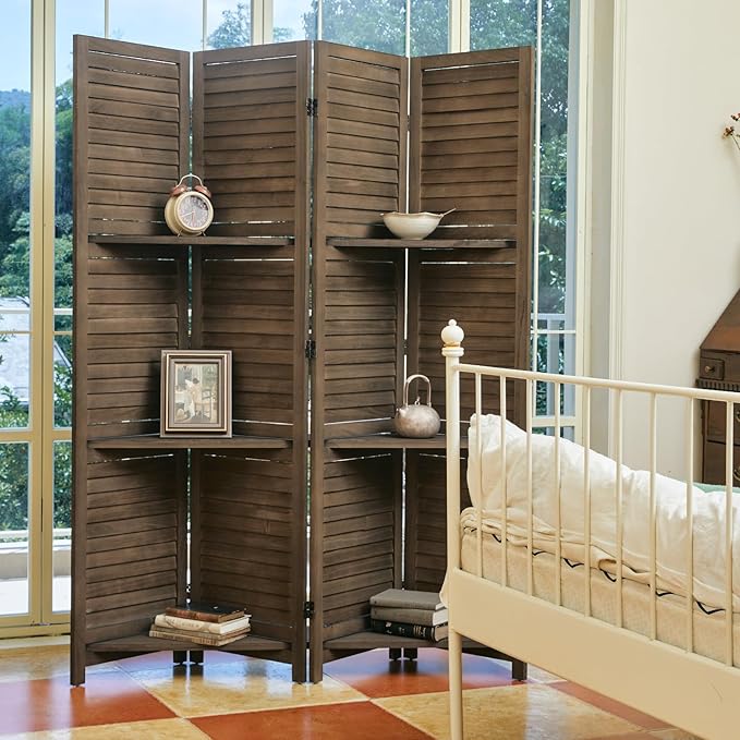 Room Divider with Shelves, 5.6 Ft Tall Folding Wood Screen with Double Hinges for Home Office Bedroom Hotel Decoration (4 Panels, Brown)