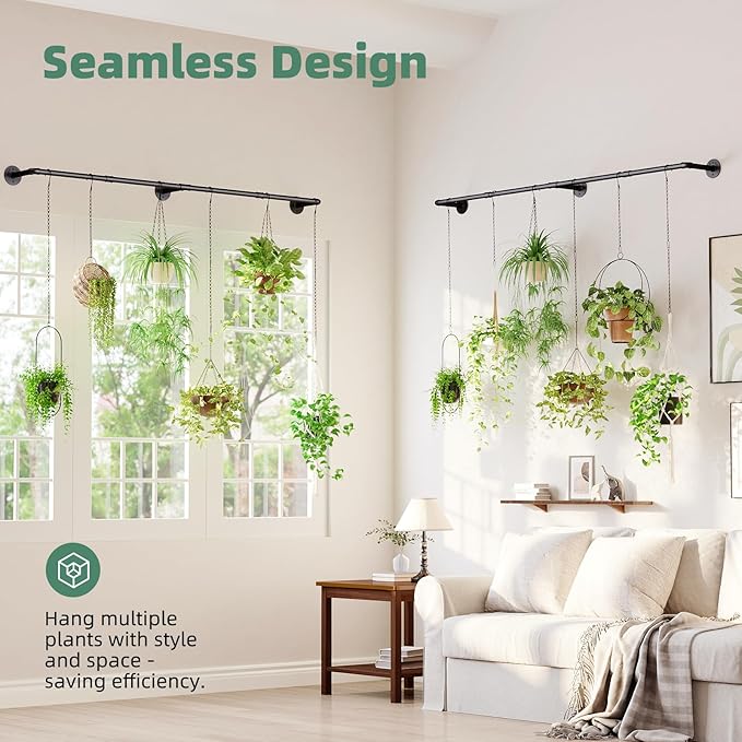 Plant Hanger Indoor with 12 Hanging Chains Hanging Planters for Indoor Plants Hanging Plant Holder Window Plant Rod Black Metal Shelves 70.8 Inch 2PCS Pot not Included