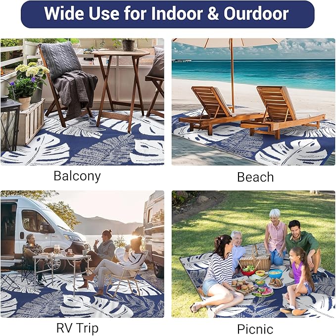 GAOMON Patio Rugs Outdoor 8x10 Waterproof Reversible Plastic Straw Rug Modern Patio Carpet, Foldable Lightweight RV Camping Mat with Portable Bag & 4 Stakes, UV Resistant & Sturdy for Picnic, Blue