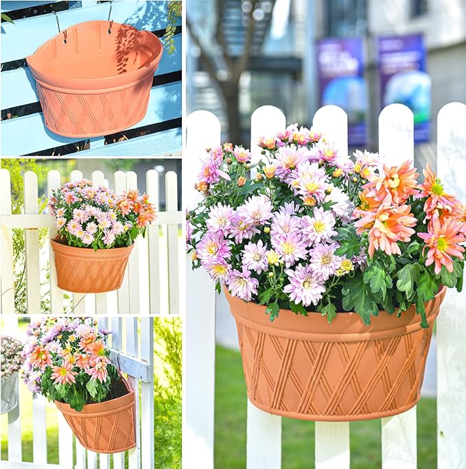 Sungmor Wall Hanging Planters,11.5 Inch Hanging Flower Pots for Railing Fence - Indoor Outdoor Balcony Wall Hanging Basket, Plastic Plant Pot Container - Half Round & 3PC Pack & Brick Red