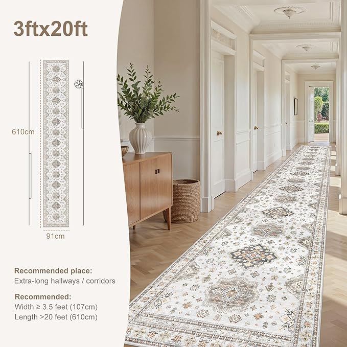 Washable 3x20 Runner Rug - Area Rugs Neutral Vintage Distressed Floral Farmhouse Boho Large Soft Floor Rug Indoor Carpet for Hallway Entryway Home - Blue Brown