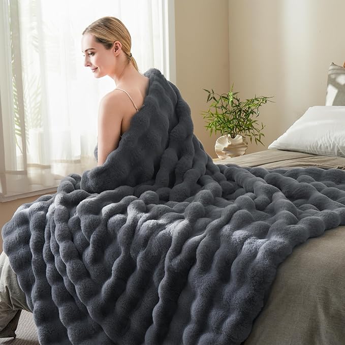 BENVWE Faux Fur Throw Blanket for Couch - Thickened Fluffy Soft Bubble Blanket for Living Room Home Decor - Fathers Day Birthday Gifts for Women Men, Grey, 50" x 60", 1300GSM