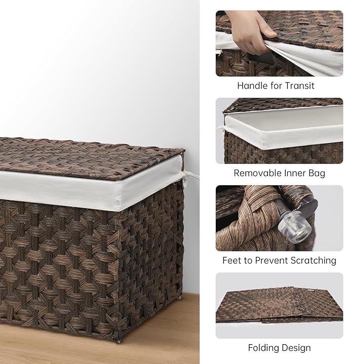Wicker Storage Basket with Lid, 27.7 Gallon (105L) Large Blanket Basket with Lid, Woven Storage Bin with Handles, Removable Liner, Metal Frame, Foldable, for Bedroom, Laundry Room, Brown