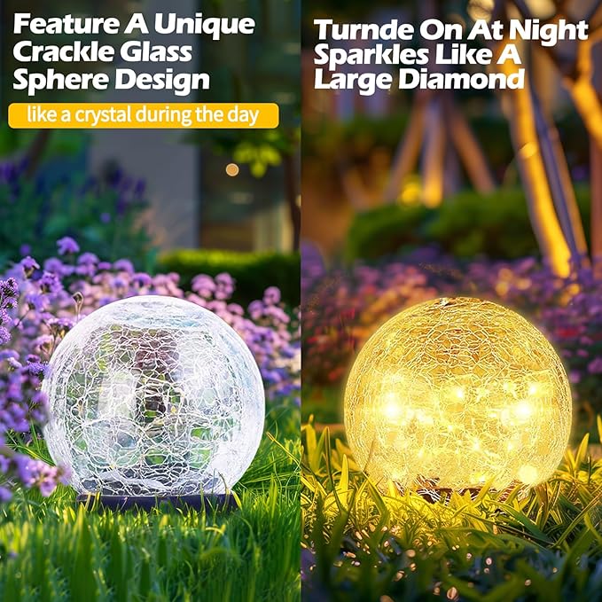 Garden Solar Ball Lights Outdoor Waterproof, 30 LED Cracked Glass Globe Solar Power Ground Lights for Path Yard Patio Lawn, Christmas Decoration Landscape Warm White(2 Pack 3.9'')