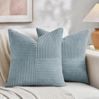 Fancy Homi Set of 2 Light Blue Decorative Throw Pillow Covers 16x16 Inch for Living Room Couch Bed, Rustic Farmhouse Boho Home Decor, Soft Striped Corduroy Textured Square Cushion Case 40x40 cm