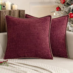 MIULEE Pack of 2 Christmas Pillow Covers 20x20 Inch Burgundy Red Farmhouse Decorative Throw Pillow Covers with Stitched Edge Soft Chenille Solid Dyed Couch Pillow Covers for Sofa Bed Living Room