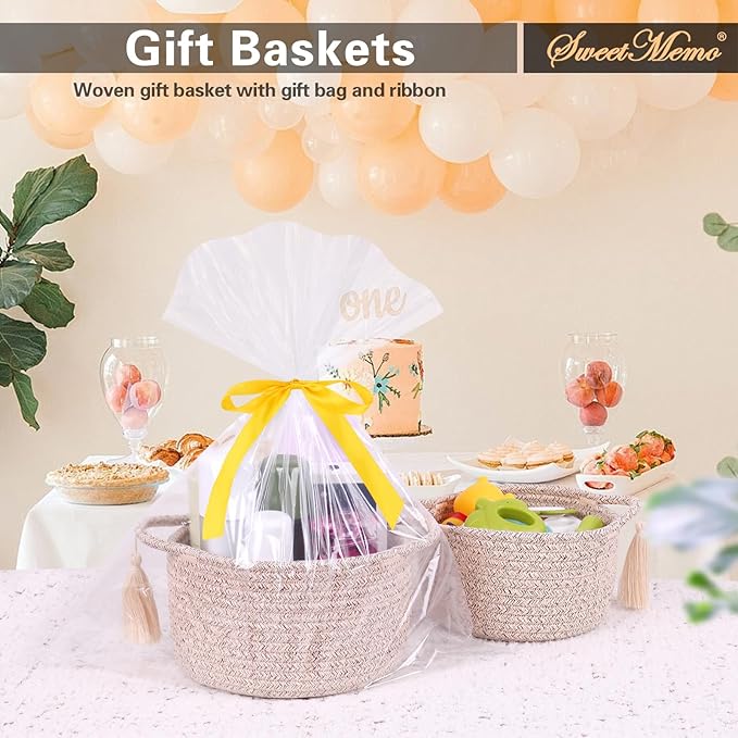 Small Soft Organizer Baskets，Decorative Mini Round Woven Rope Storage Bin Empty Gift Baskets for Man，Office, Desk Decor, Gifting, Kids, Toys, Pre Shaped, Brown, 2 Pack
