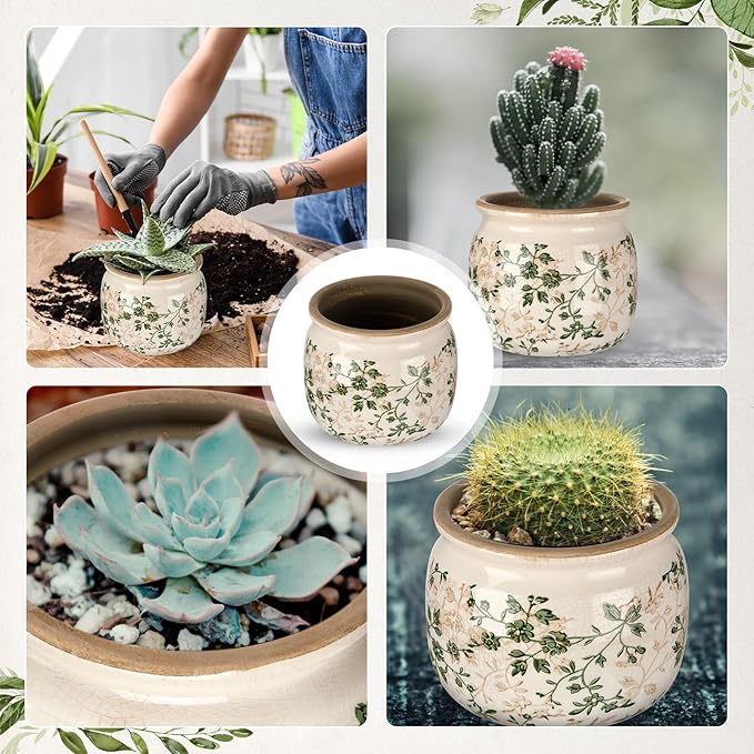 Vintage Planter Large Ceramic Plants Pot Green Pink Pastoral Floral Ice Crack Cottage Scroll Vase Flower Vase Pot Indoor Plants Home Kitchen Decor Farmhouse Antique Decorative Gifts