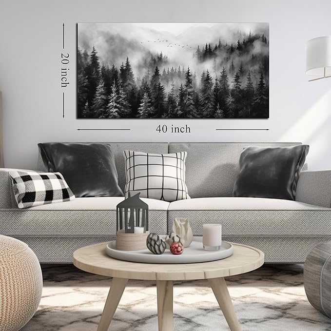 Foggy Forest Wall Art for Living Room,Black and White Pictures for Wall,Tree Wall Decor for Bedroom 20 x 40 Inch