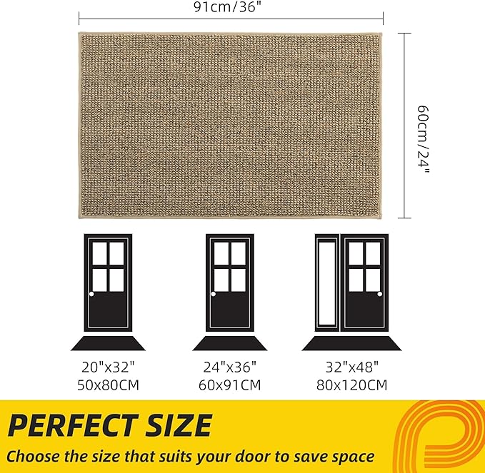 JSEI Dirt Trapper Door Mat 24"x36" Non-Slip Washable Entrance Mat, Dog Doormats, Absorbent & Fade-Resistant Floor Mats, Low Profile Welcome Mats for Entryway, Front Door, and Inside Entrance, Beige