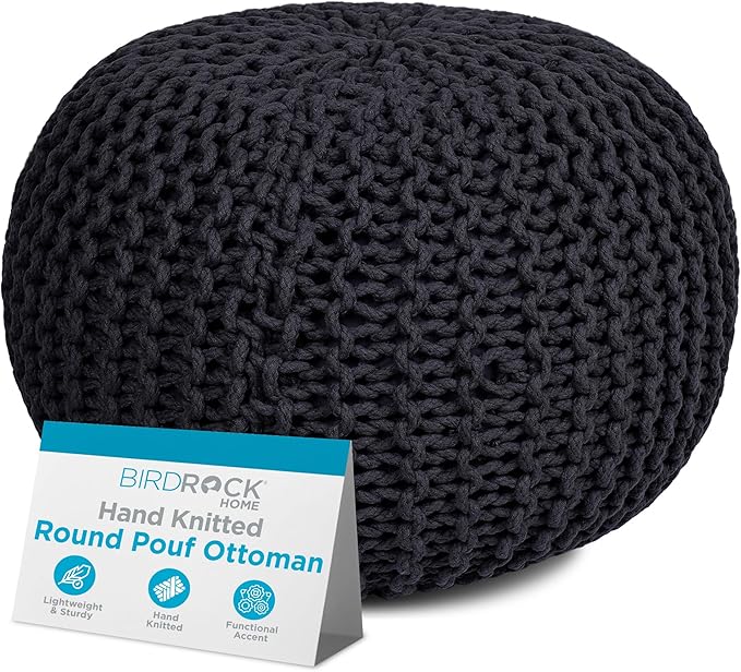BIRDROCK HOME Round Pouf Ottoman | Cotton Braided Foot Stool with Bean Bag Filling | Boho Foot Rest for Living Room & Bedroom | Compact & Comfortable Seating, Lightweight & Soft | Charcoal