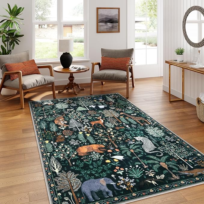 OJIA Jungle Print 5x7 Area Rugs for Living Room, Green Soft Washable Rugs for Bedroom Ultra-Thin Non-Slip Modern Rug, Stain Resistant Nursery Rug Carpet for Kids Playroom Nursery Dining Room