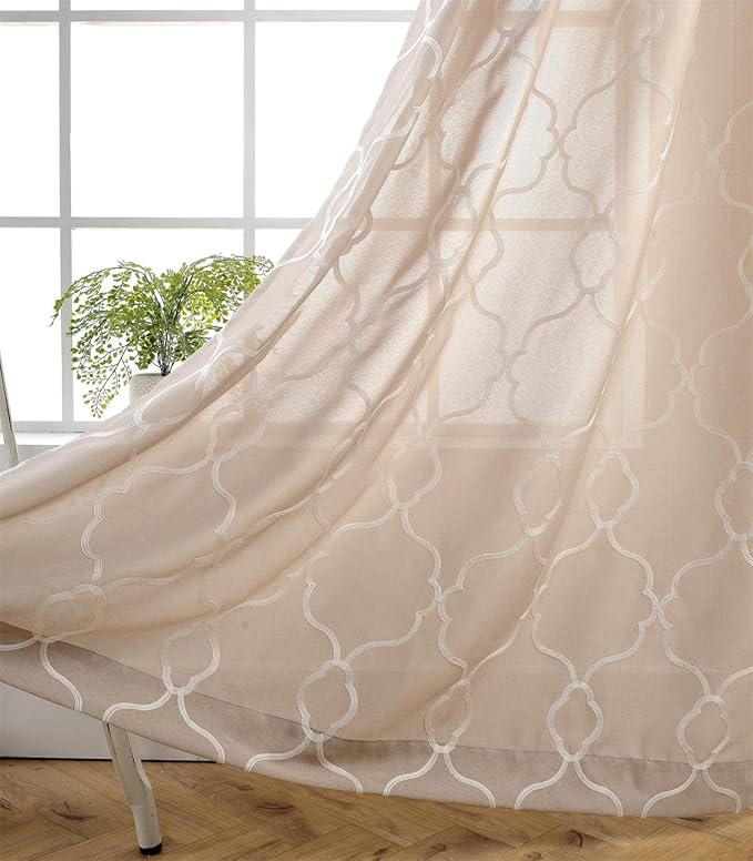 MIUCO Moroccan Embroidered Semi Sheer Curtains Faux Linen Grommet Window Drapes for Living Room 52 x 95 Inch 1 Pair Set, Linen