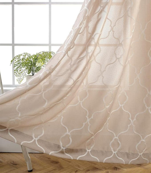 MIUCO Moroccan Embroidered Semi Sheer Curtains Faux Linen Grommet Window Drapes for Living Room 52 x 95 Inch 1 Pair Set, Linen