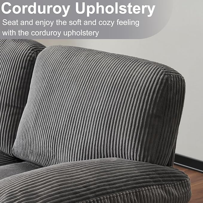Karl home U-Shape Sectional Sofa Couch 111" Modern 4-Seat Sofa with Chaises Corduroy Fabric Upholstered Covertible Couch with Wood Grain Legs for Living Room, Reception Room, Apartment, Dark Gray